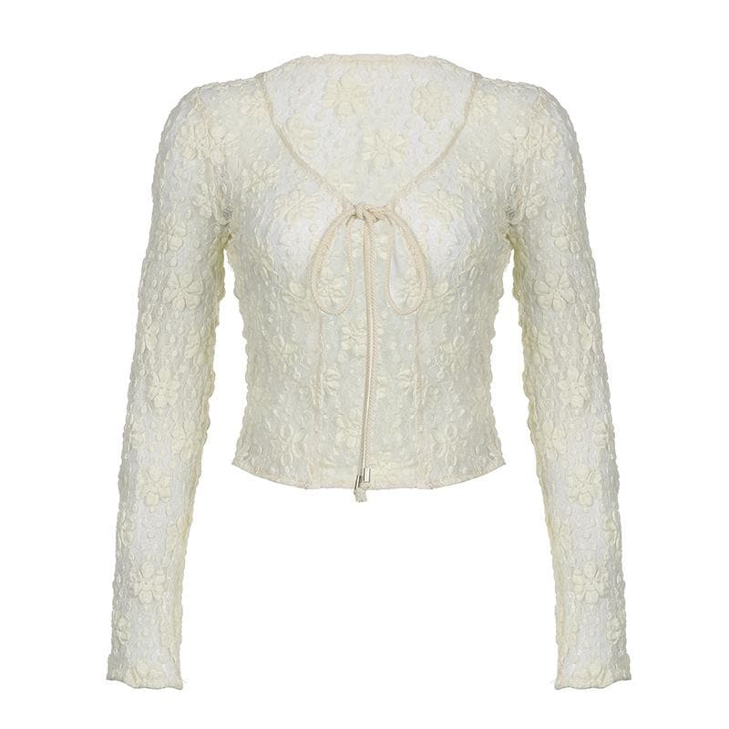 Lace solid long sleeve self tie see through top