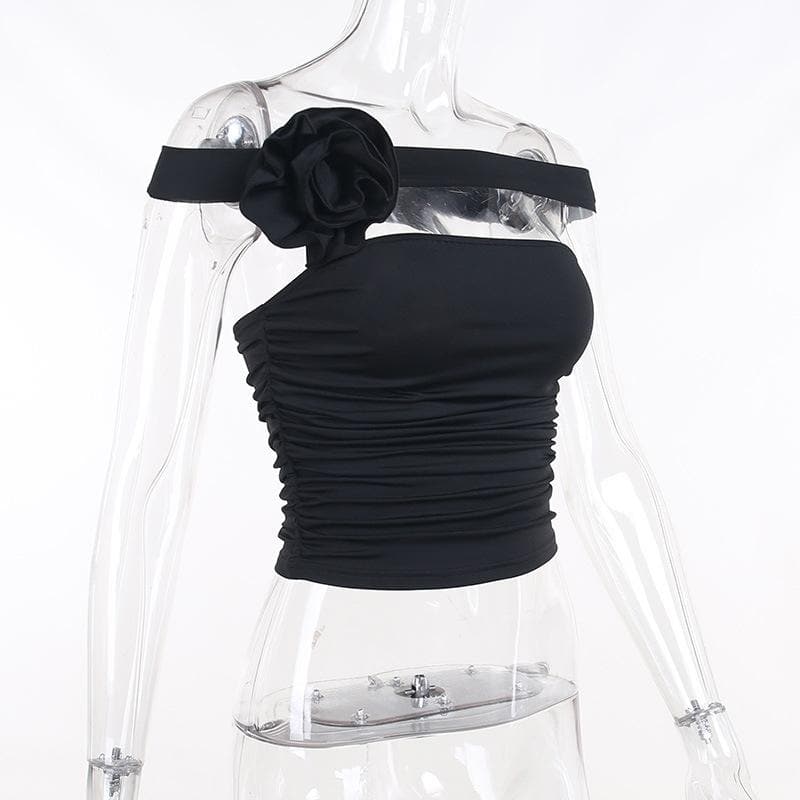 Sleeveless solid off shoulder flower applique ruched tube top - Final Sale