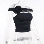 Sleeveless solid off shoulder flower applique ruched tube top - Final Sale