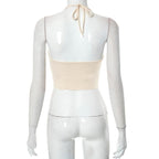 Ribbed solid metal chain halter self tie backless crop top