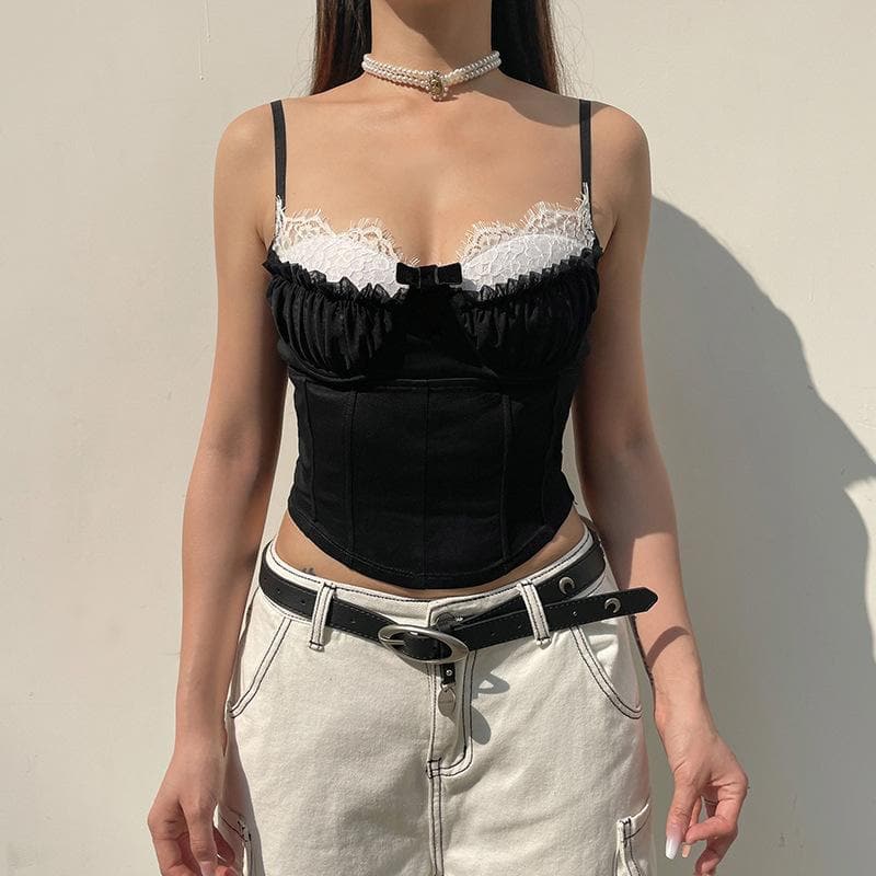 Top canotta con bottoni e corsetto arricciato in patchwork a contrasto con orlo in pizzo