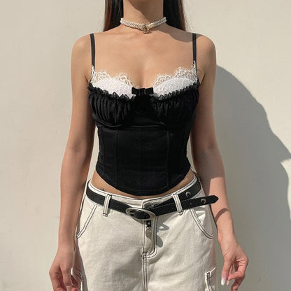 Top canotta con bottoni e corsetto arricciato in patchwork a contrasto con orlo in pizzo