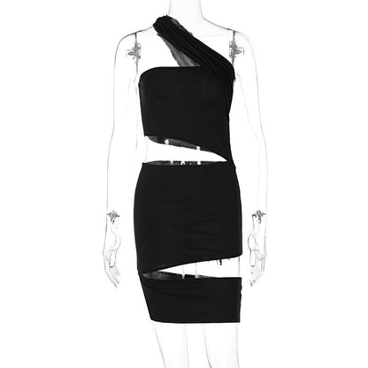 Hollow out irregular solid one shoulder ruched mini dress