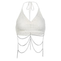 Metal chain ruched v neck halter self tie backless crochet crop top
