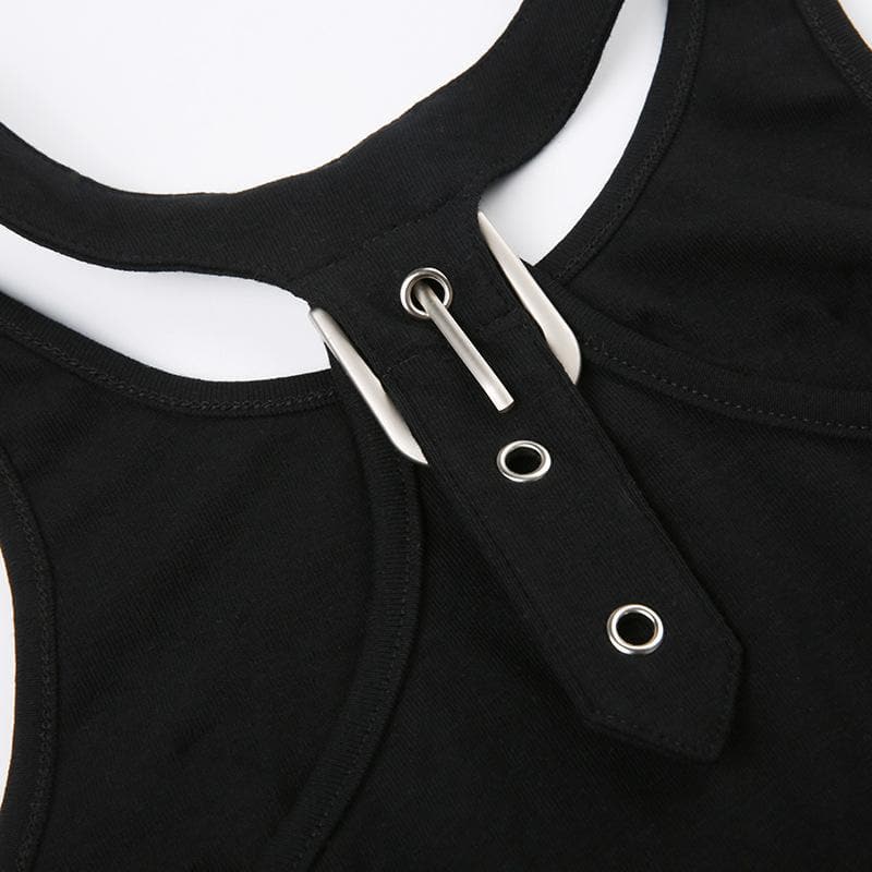 Star pattern sleeveless buckle contrast crop top