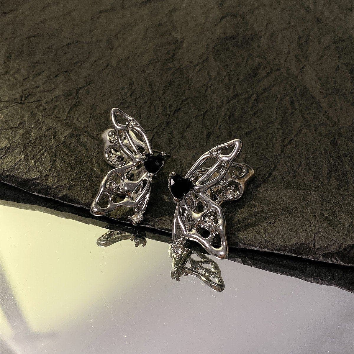 Butterfly Pendant Lava Silver Earrings