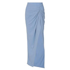 Ruched slit irregular solid ribbed maxi skirt