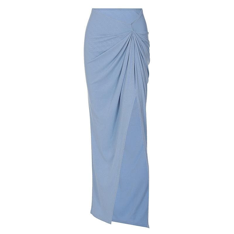 Ruched slit irregular solid ribbed maxi skirt