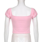 Ruched short sleeve contrast lace hem backless crop top