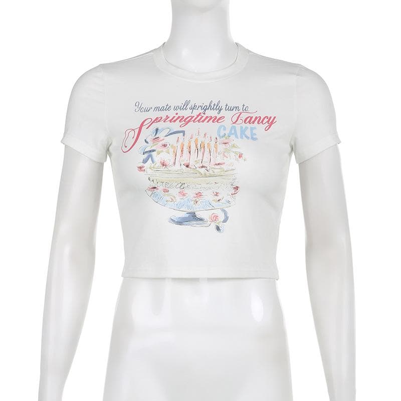 Cake pattern contrast short sleeve crewneck crop top