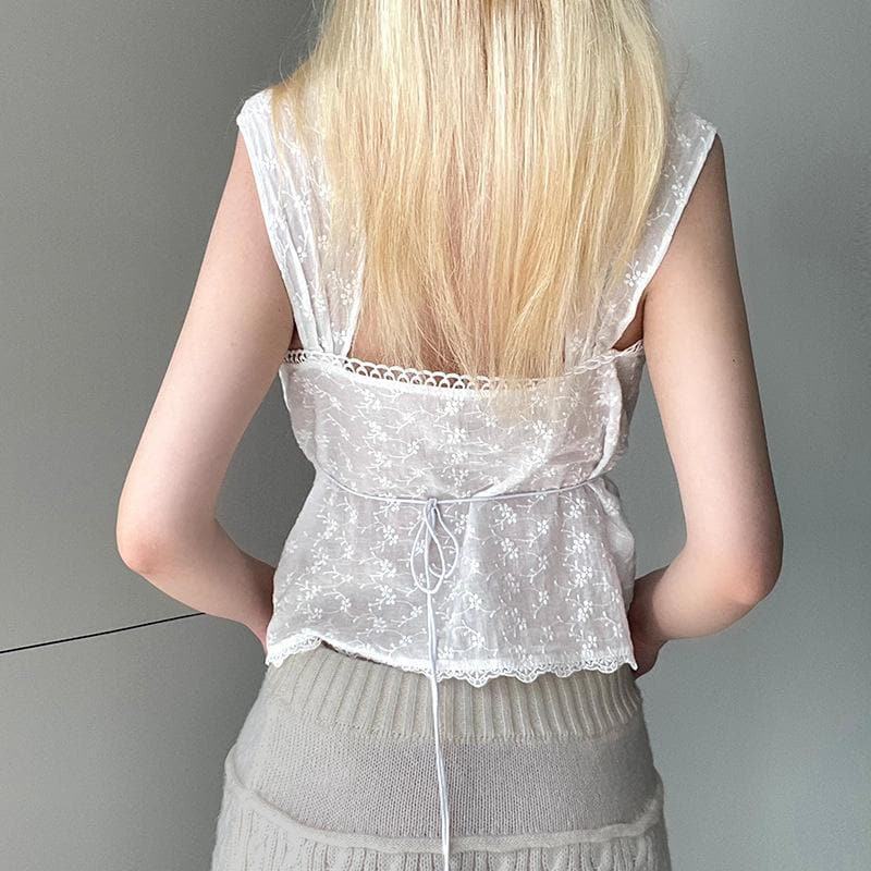 Textured lace hem bowknot zip-up cap sleeve solid top