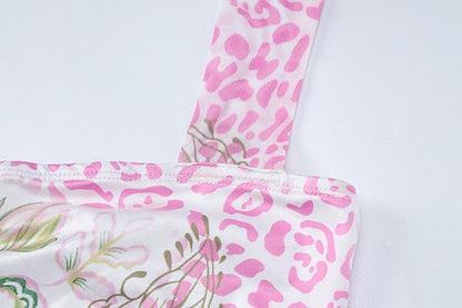 Halter contrast leopard print ribbon mini skirt set