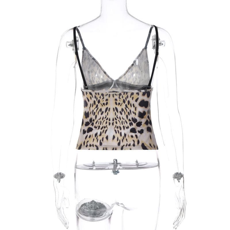 Top canotta con scollo a V e schiena scoperta, patchwork di perline e stampa leopardata 