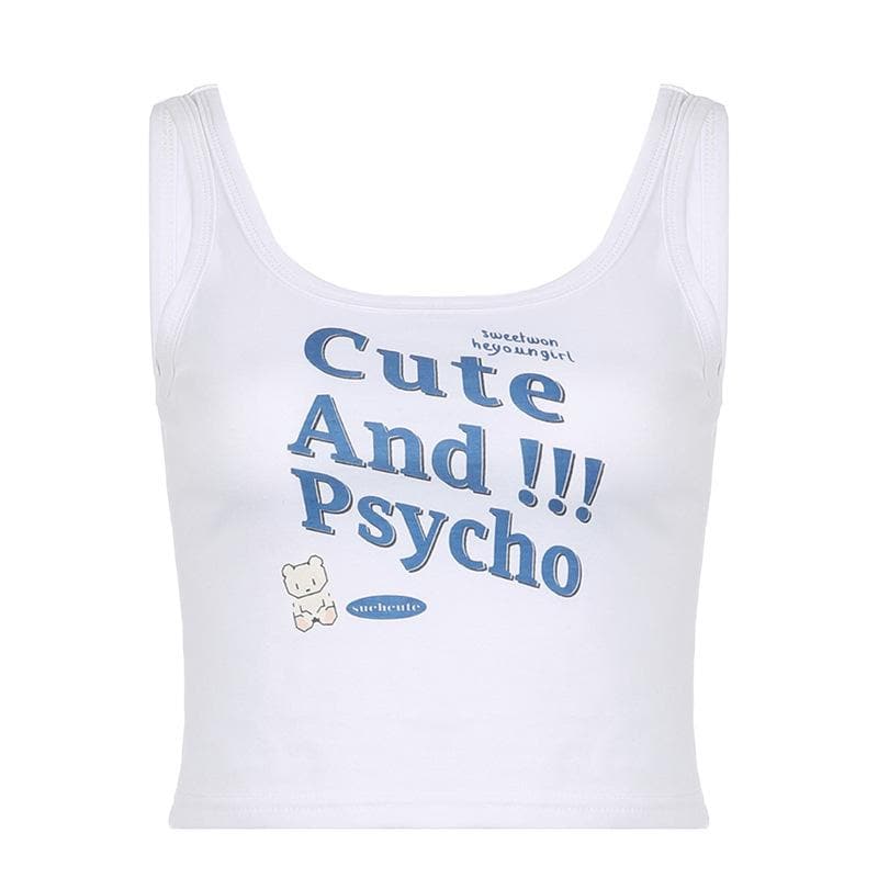 Sleeveless "Cute And Psycho" pattern u neck backless contrast crop top