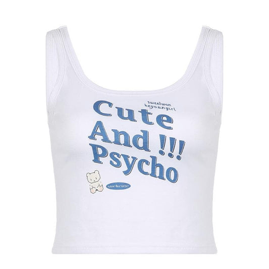 Top corto senza maniche con scollo a U e schiena a contrasto, motivo "Cute And Psycho" 