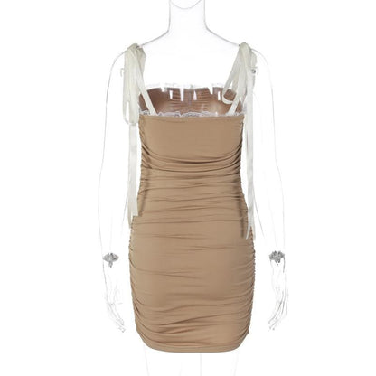 Ruched lace hem self tie square neck backless mini dress