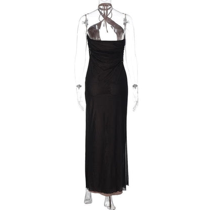Slit mesh cross front hollow out ruched backless maxi dress