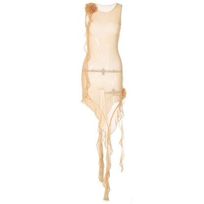 Ärmelloses Midikleid aus transparentem Netzstoff mit Rüschen und Blumenapplikation