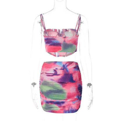 Ruched contrast tie dye notch neck backless corset cami mini skirt set