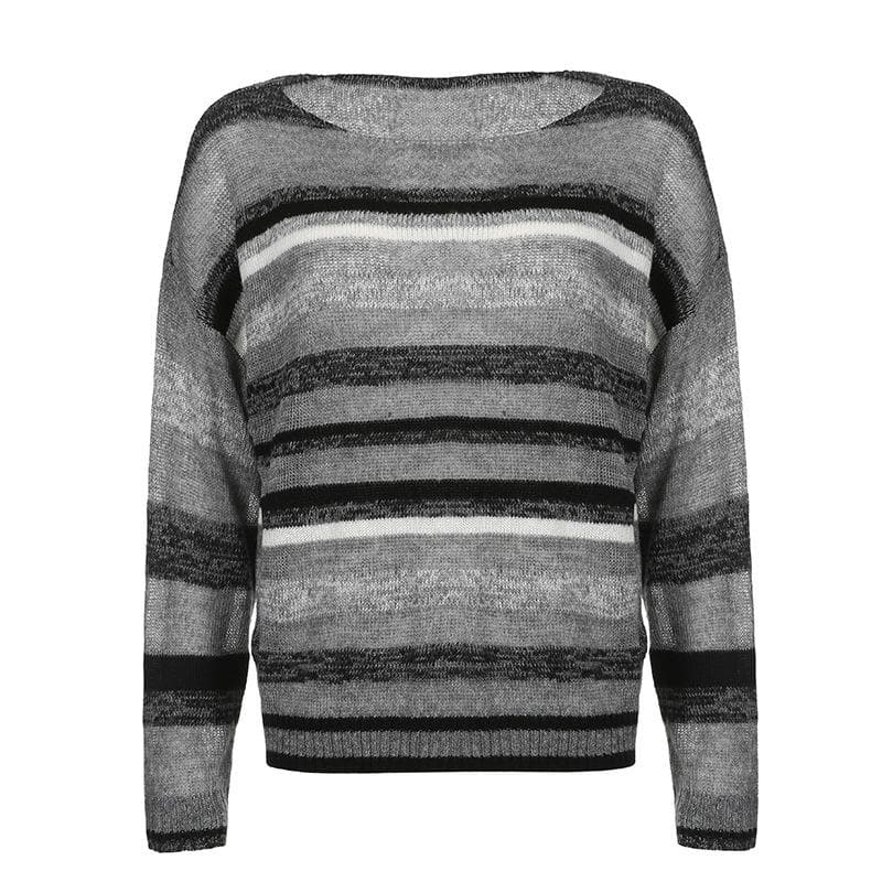 Long sleeve contrast striped knitted round neck top - Final Sale