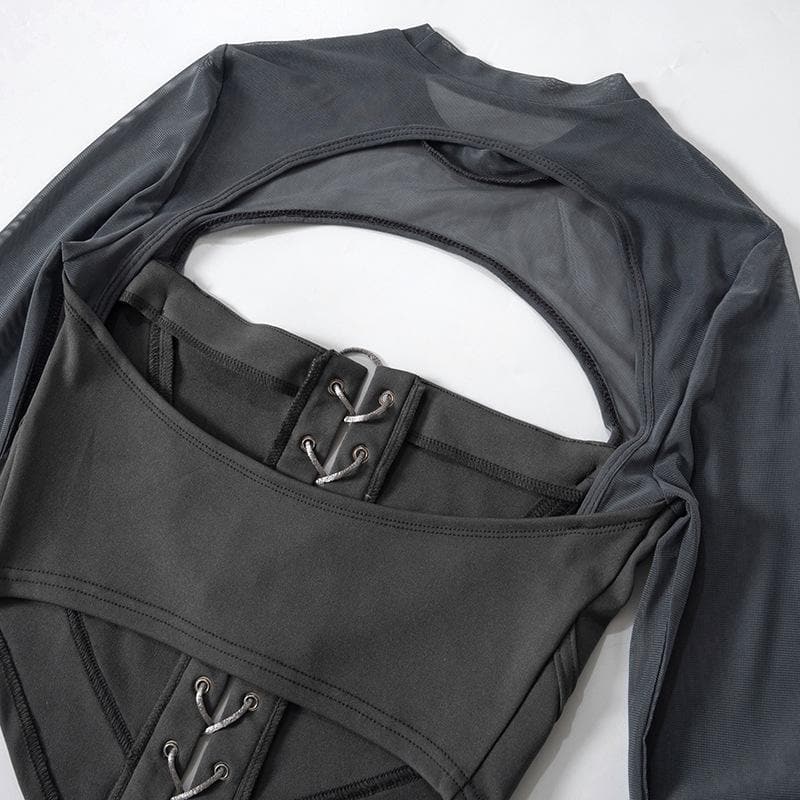 Lace up flared sleeve crewneck corset hollow out backless top