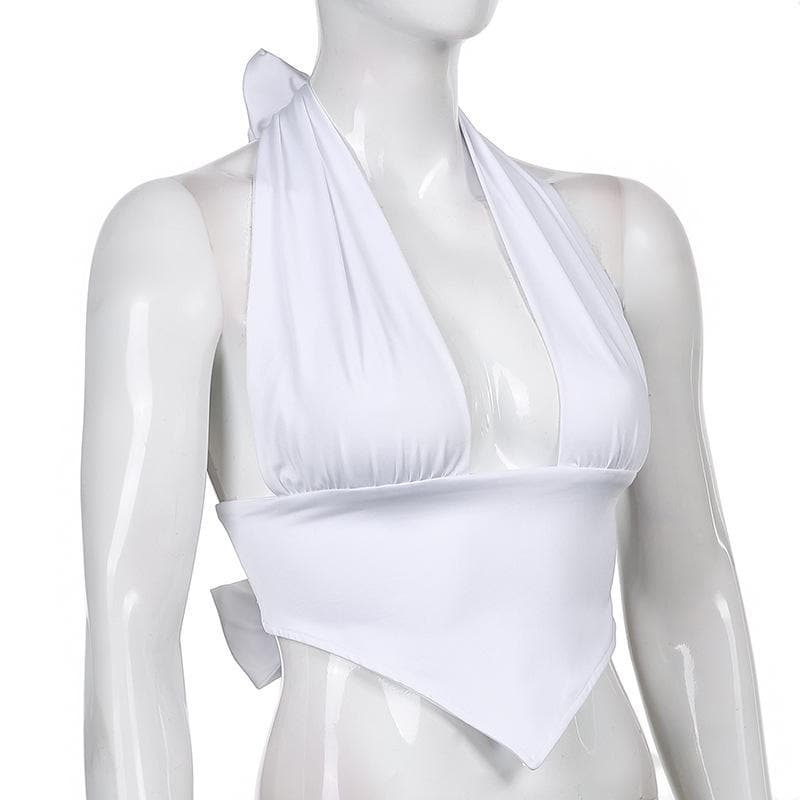 Halter backless solid ruched self tie top
