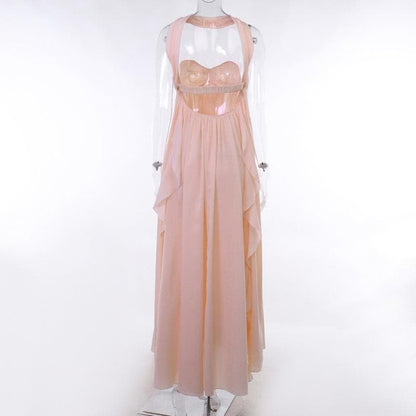 Ruffle star applique ruched halter backless maxi dress