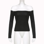 Off shoulder long sleeve ribbed solid top