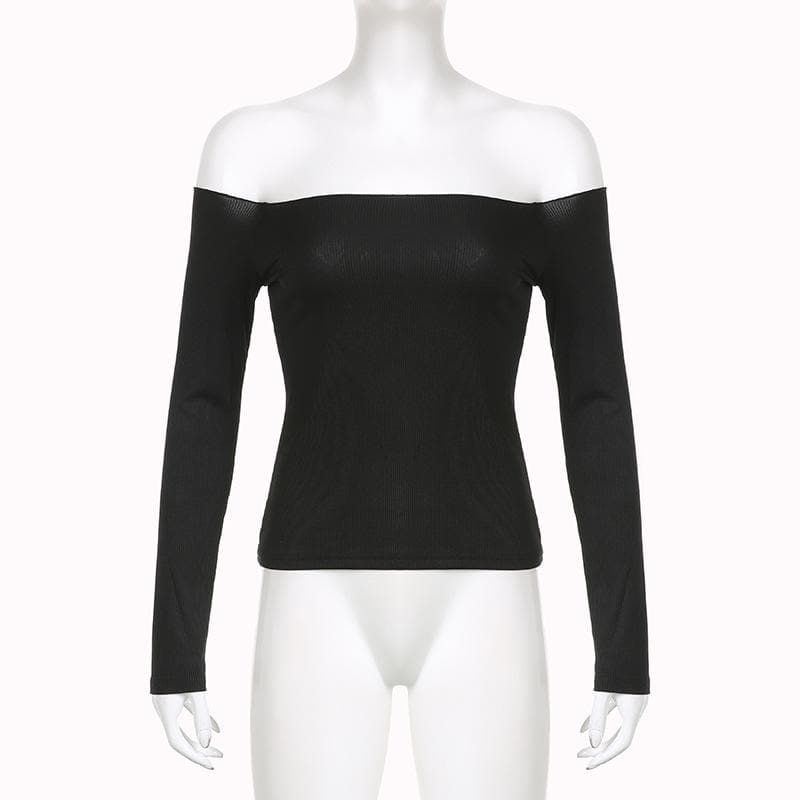 Off shoulder long sleeve ribbed solid top