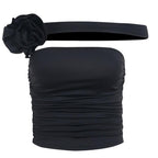 Sleeveless solid off shoulder flower applique ruched tube top - Final Sale