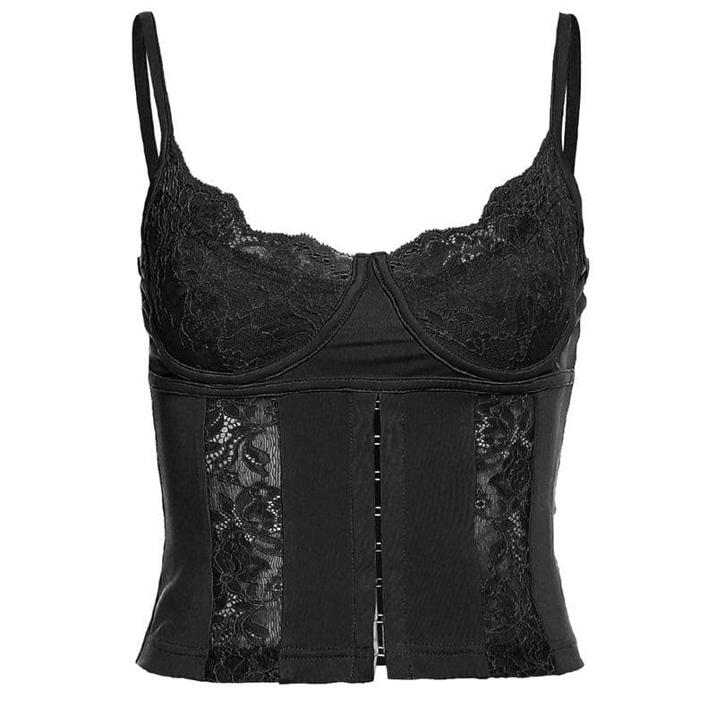 Top corto in pizzo tinta unita con scollo a U e bottoni 
