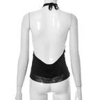Neckholder-Crop-Top aus transparentem Netzstoff mit Rüschen und V-Ausschnitt 