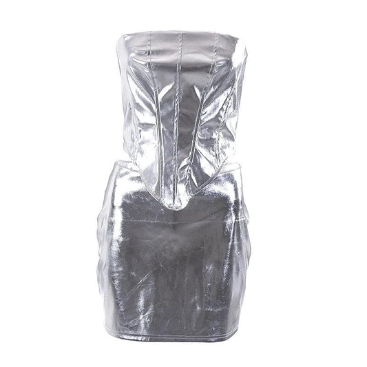Metallic backless zip-up corset tube mini skirt set