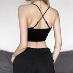 Cross back crochet hollow out v neck drawstring crop top