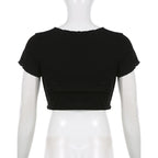Lace short sleeve ruffle self tie contrast patchwork crop top
