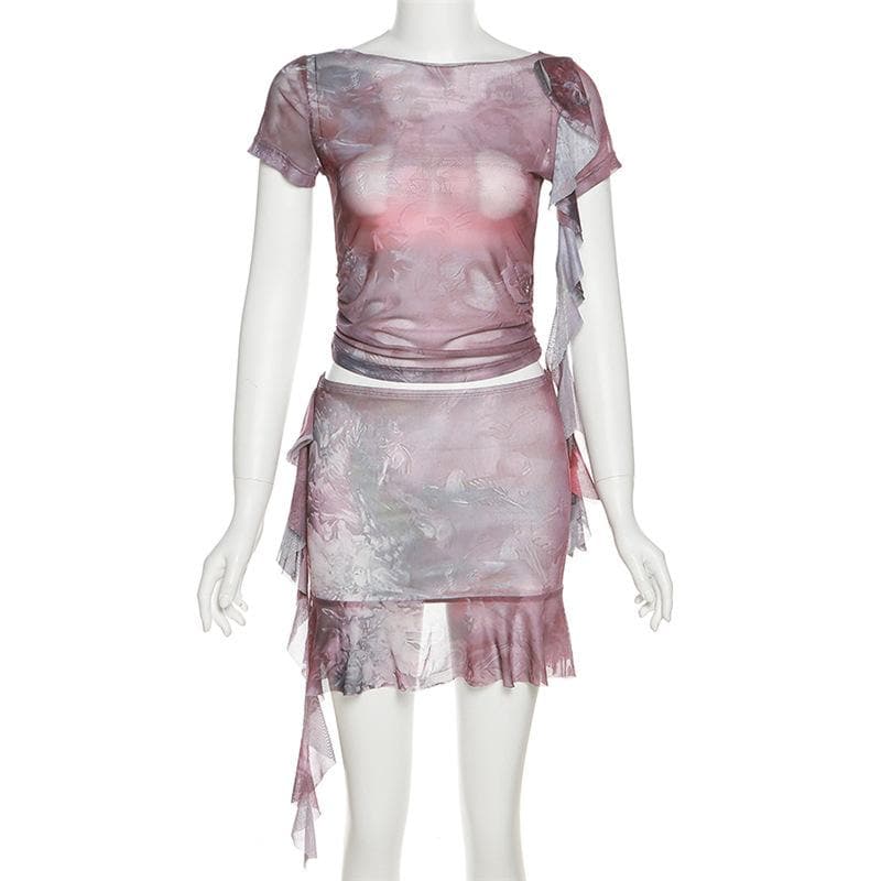 Sheer mesh see through ruffle short sleeve contrast print mini skirt set