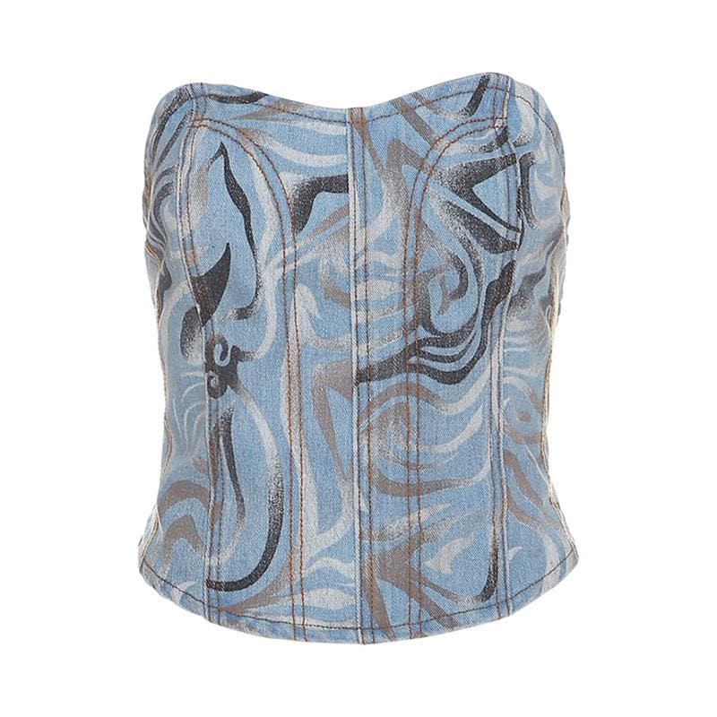 Stitch contrast smocked sweetheart neck backless denim top