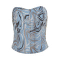 Stitch contrast smocked sweetheart neck backless denim top