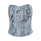 Stitch contrast smocked sweetheart neck backless denim top