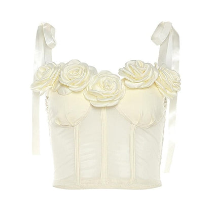 Top corto bustier con schiena scoperta e applicazione di fiori in rete 