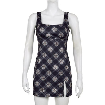 Plaid contrast square neck slit zip-up sleeveless mini dress