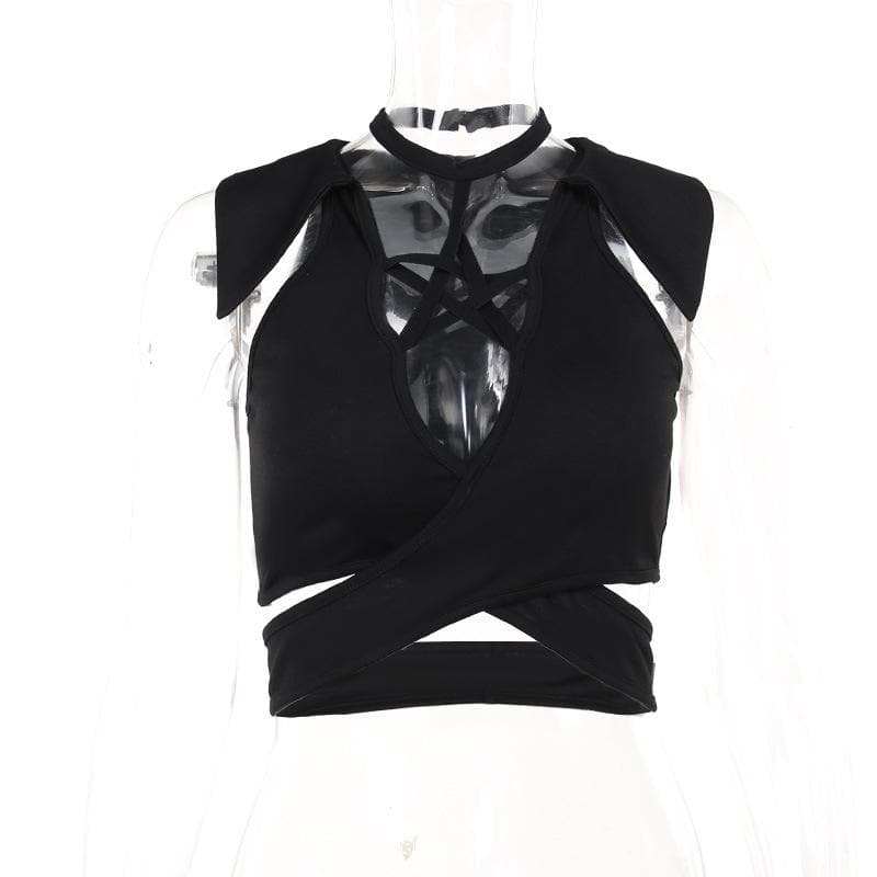 Top corto senza maniche con collo a V e scollo all'americana traforato 