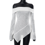 Off shoulder long sleeve textured irregular solid top
