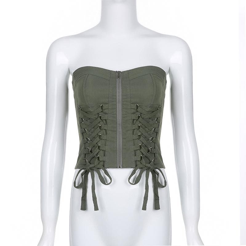 Solid lace up zip-up cargo tube crop top