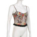 Backless v neck lace hem contrast print cami crop top