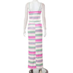 Completo gonna lunga a righe con spacco sul retro e scollo a U a contrasto 