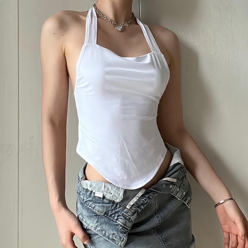 Halter backless solid self tie top