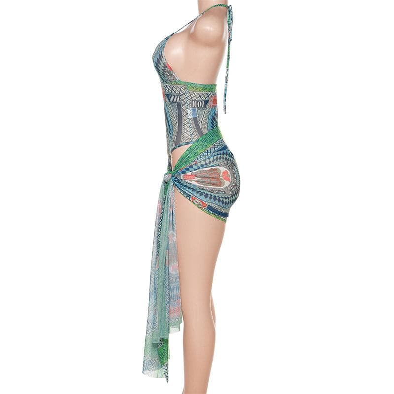 Sheer mesh see through contrast print v neck halter bodysuit mini dress skirt set