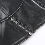 PU leather halter v neck zip-up solid backless crop top - Final Sale