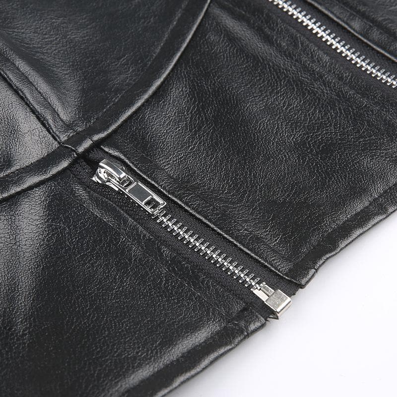 PU leather halter v neck zip-up solid backless crop top - Final Sale